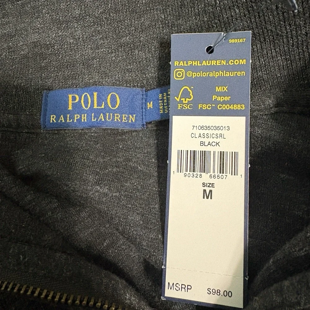 Polo Ralph Lauren Mens M Estate Rib Quarter Zip Pullover Charcoal Grey Black NWT